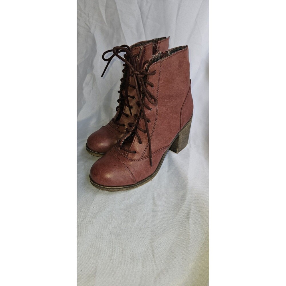 Rock & Candy Onmyway Brown Lace Up Heeled Ankle Boots Plaid Lining Womens 6.5
